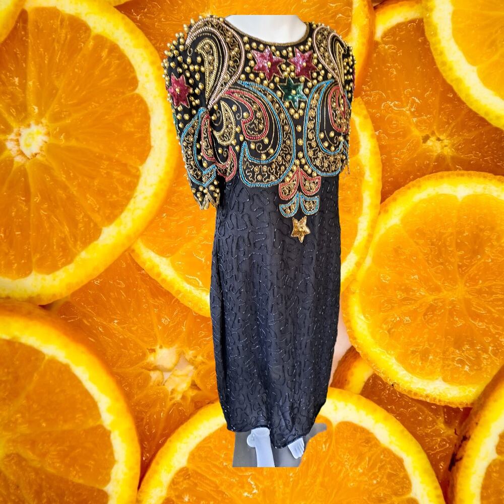 Vintage Carina Beaded Black‎ and Colorful Dress Size Large